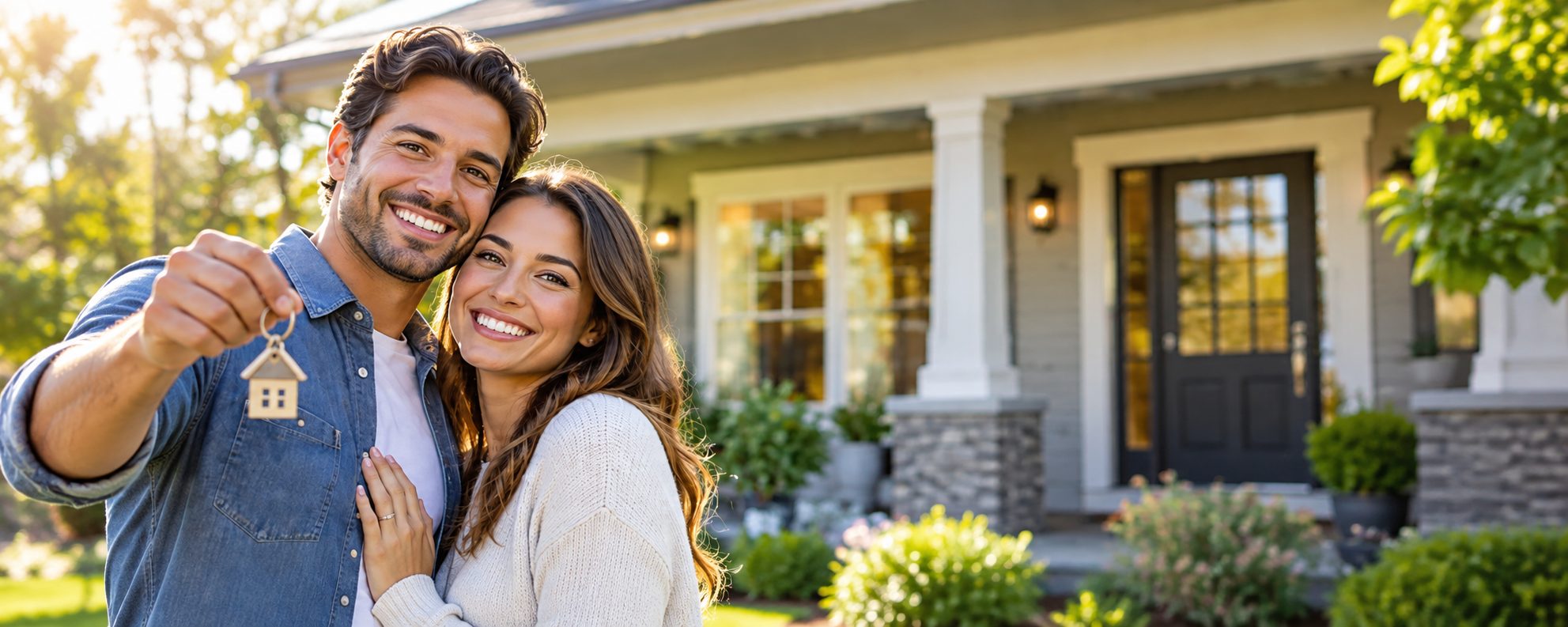 Home buyers holding keys in front of their new home